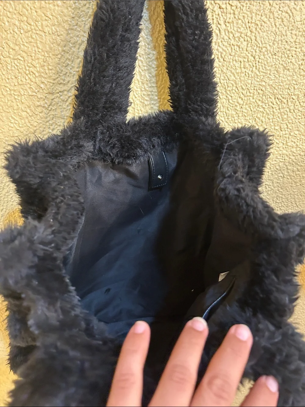 Black Faux Leather Tote with Plush Faux Fur Trim